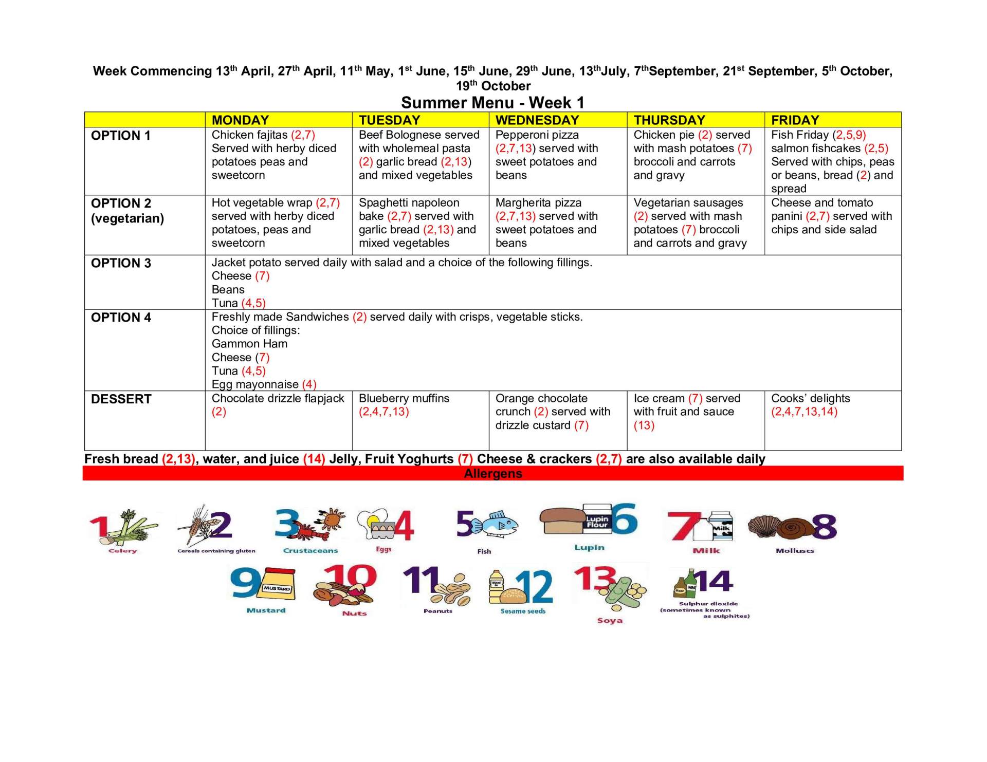 Week 1 Summer Menu 2026